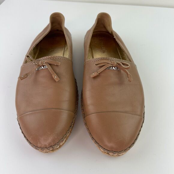 PRADA Light Brown Beige Leather Bows Trim Espadrilles Shoes Women’s 39.5 CLASSIC - Picture 4 of 11